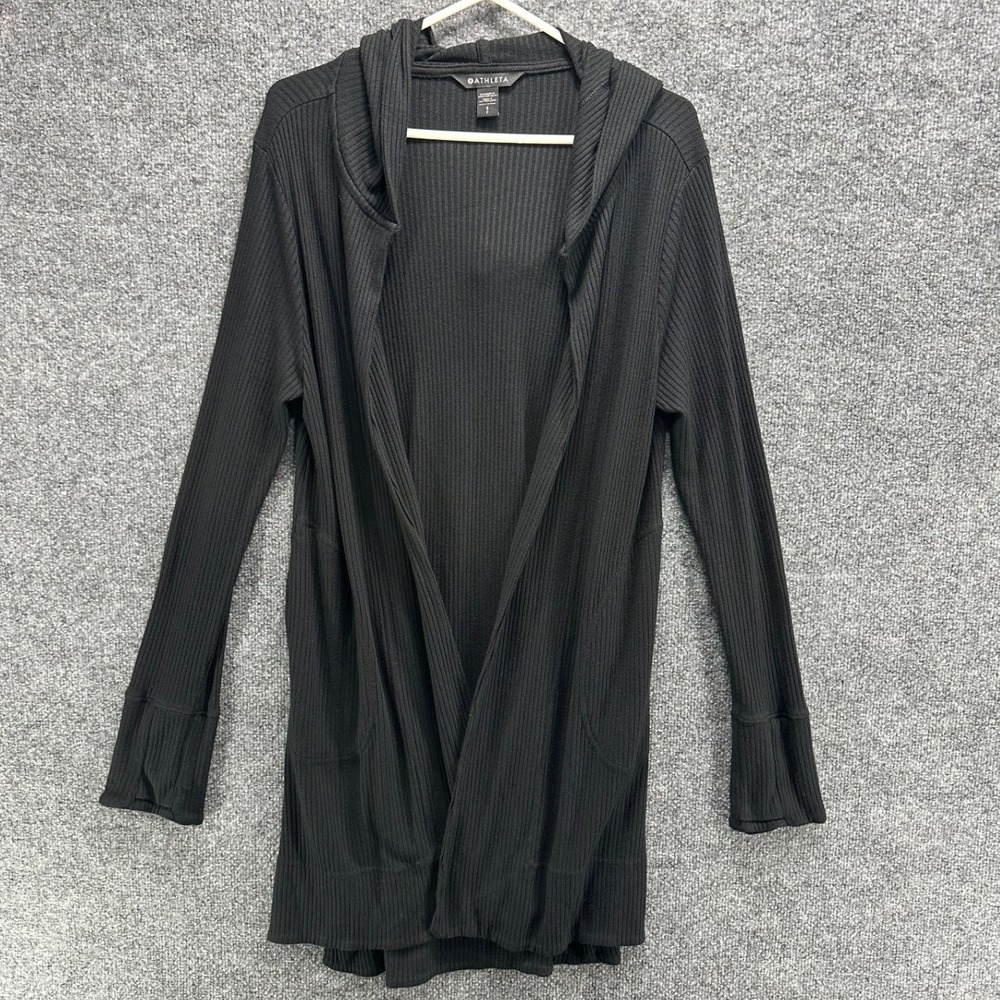 Athleta Womens Small Black Ribbed Hooded Cardigan Open Front Pocket Wrap Sweater